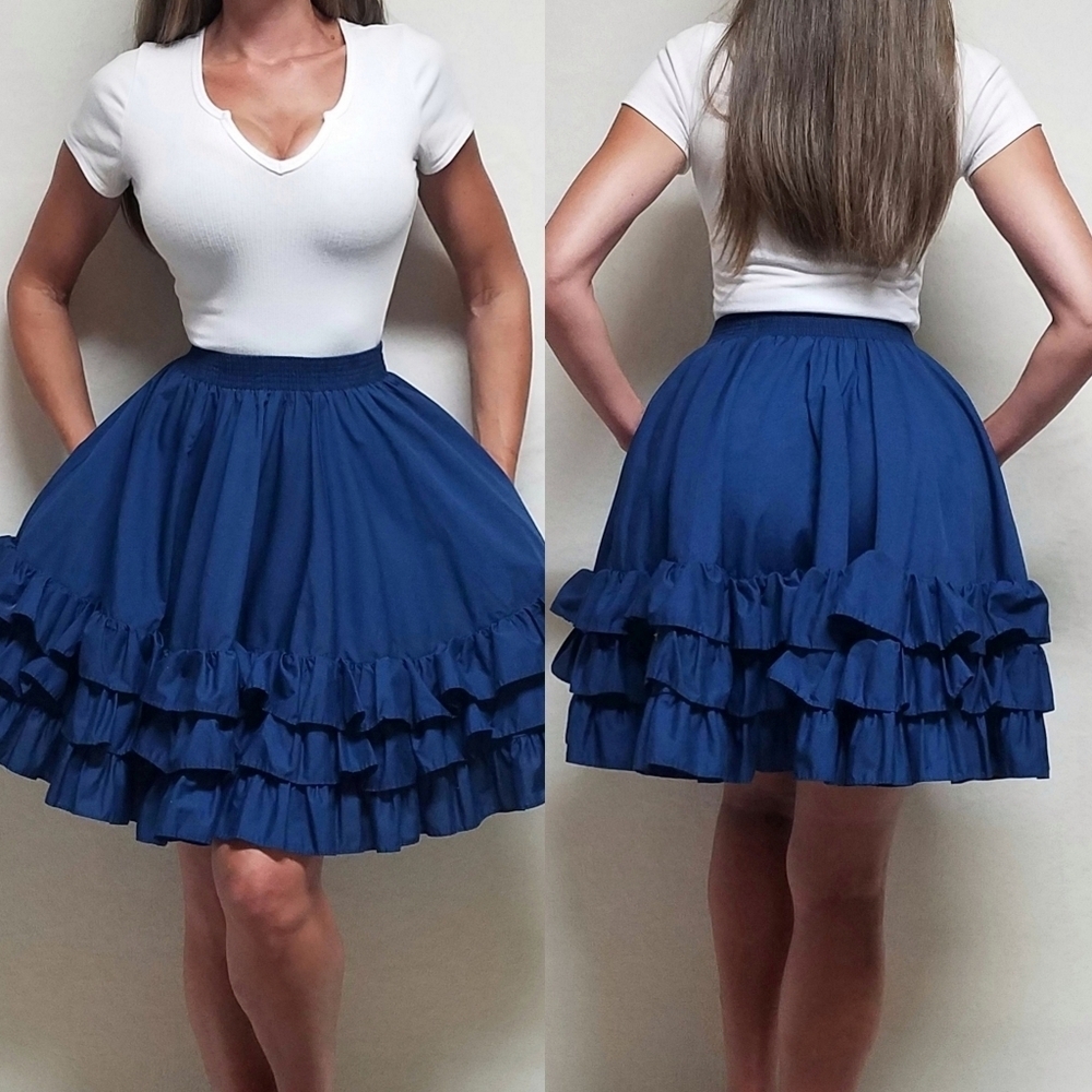 70s Vintage Midnight Blue Layered Frilly Ruffle Coquette Cottagecore Twirl Skirt